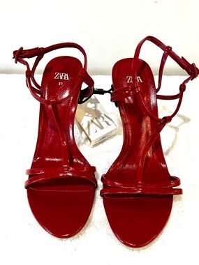 Zara Glossy Red Strappy Stiletto Sandals